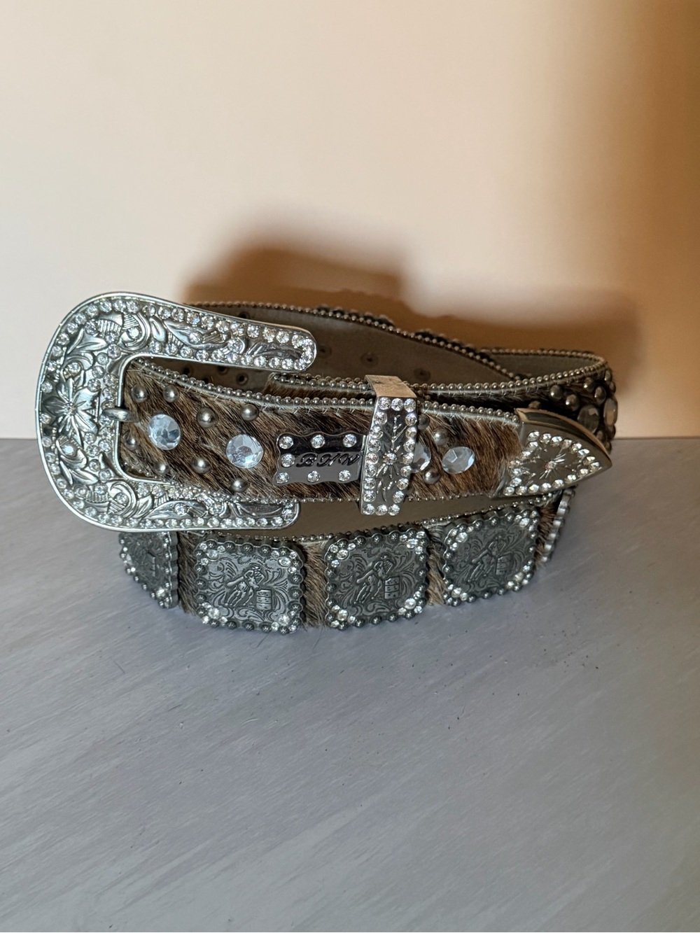 Western Cowgirl Tan Cowhide belt with barrel racer designed Square Conchos sz L